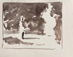 Figure Stood in Brown Foggy Landscape Original French Artwork