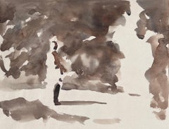 Figure Stood in Brown Foggy Landscape Original French Artwork