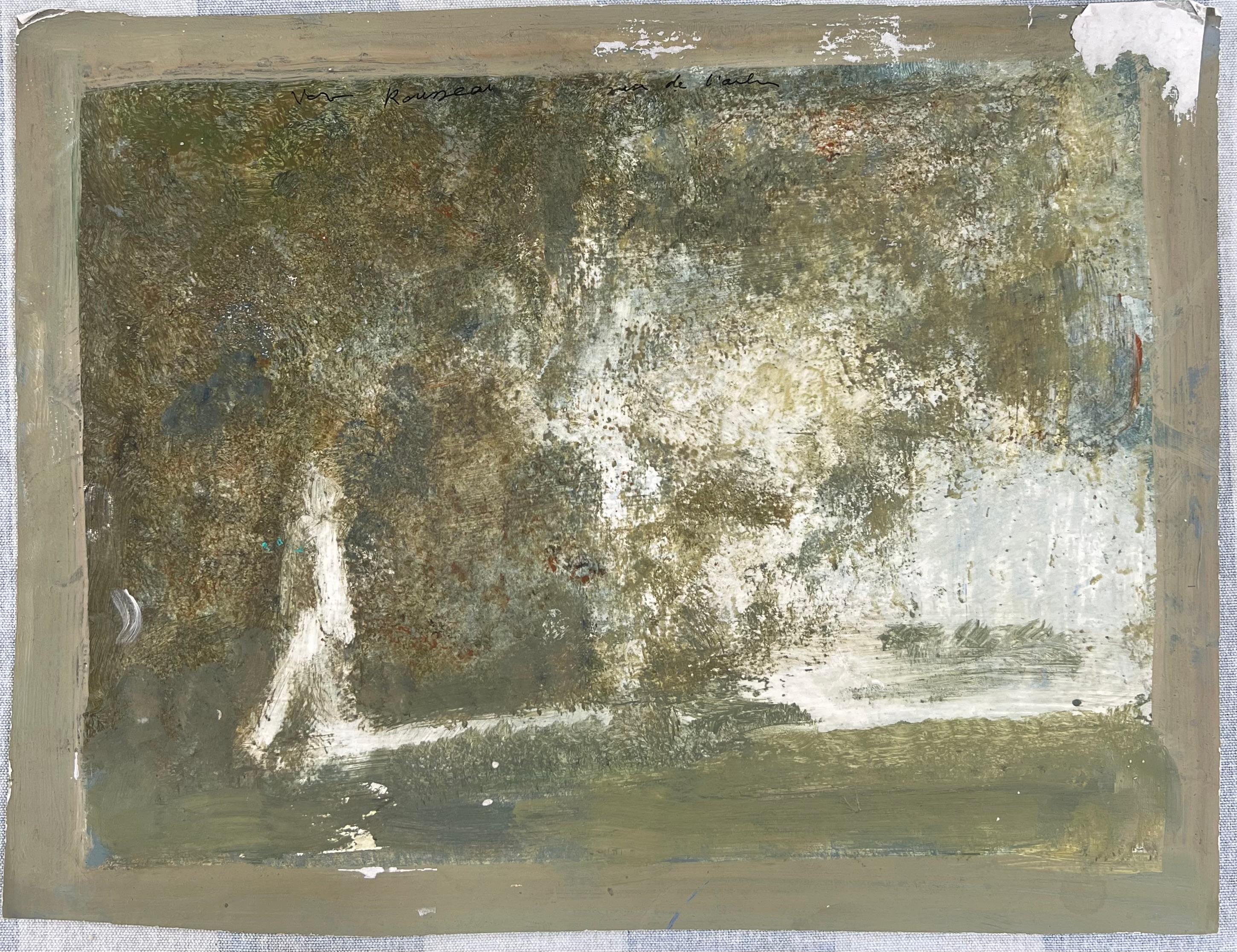 Figure Stood in Green Foggy Landscape Original French Artwork - Painting by Robert Ladou