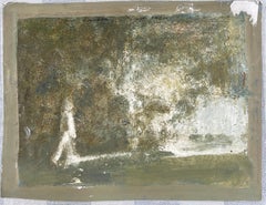 Figure Stood in Green Foggy Landscape Original French Artwork