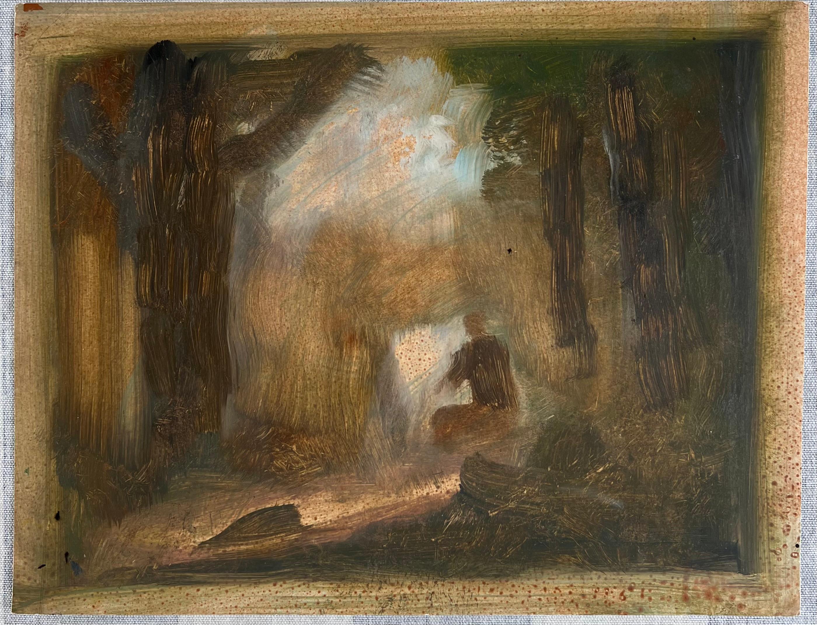 Figure Stood in Green Foggy Landscape Original French Artwork - Painting by Robert Ladou