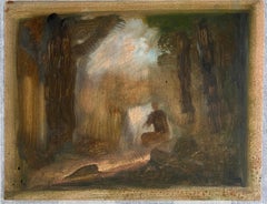 Figure Stood in Green Foggy Landscape Original French Artwork