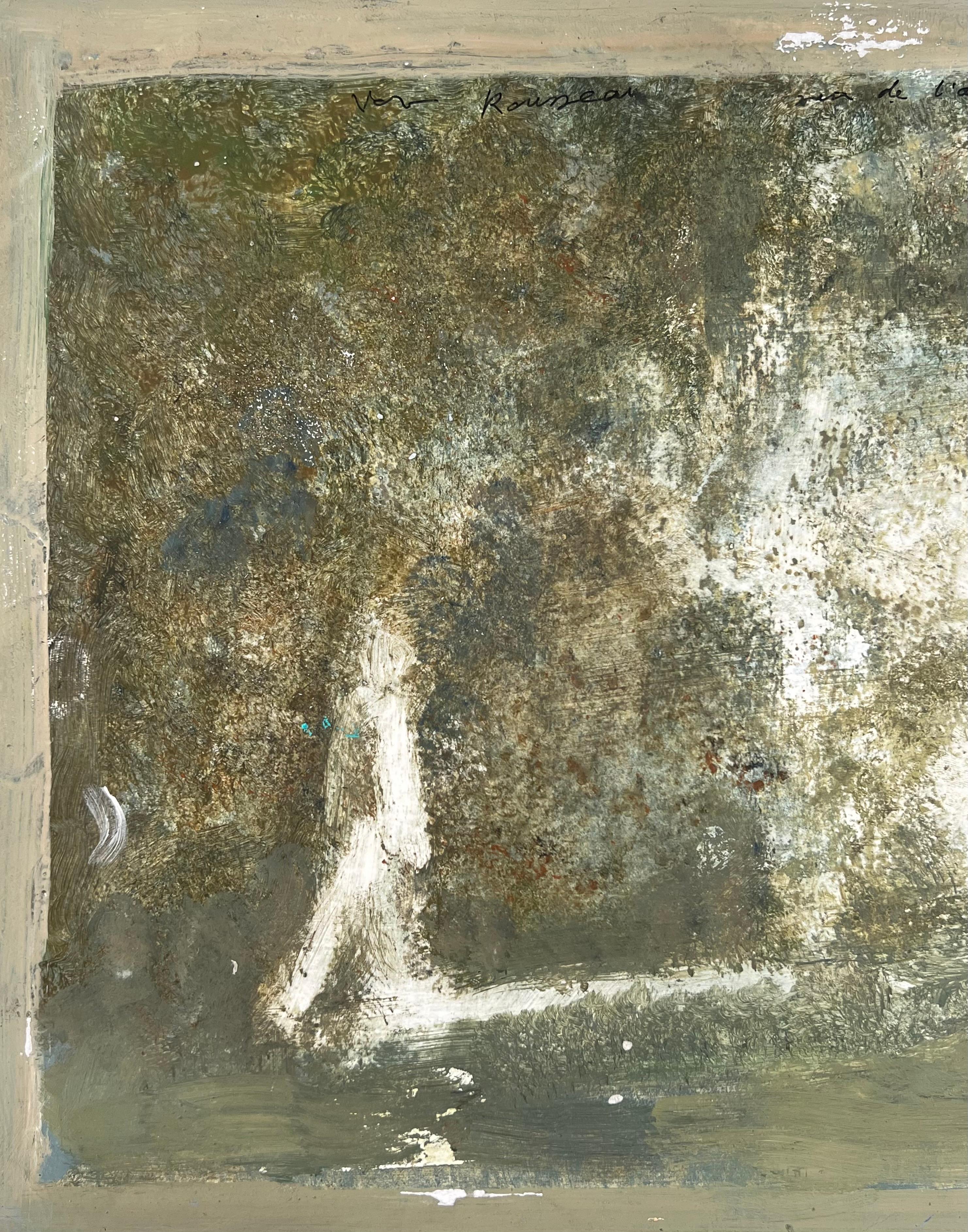 Figure Stood in Green Foggy Landscape Original French Artwork - Gray Landscape Painting by Robert Ladou