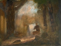 Figure Stood in Green Foggy Landscape Original French Artwork