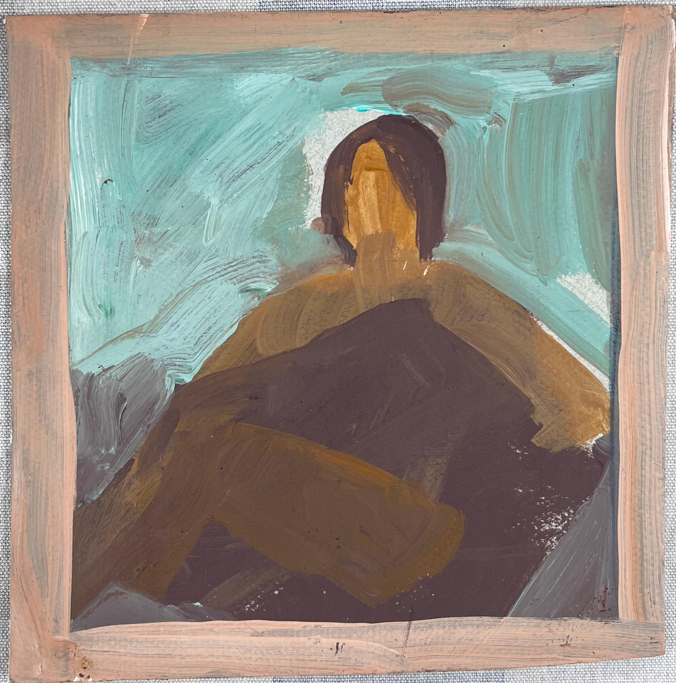 Figure with Short Brown Hair In Window Frame Original French Artwork - Painting by Robert Ladou
