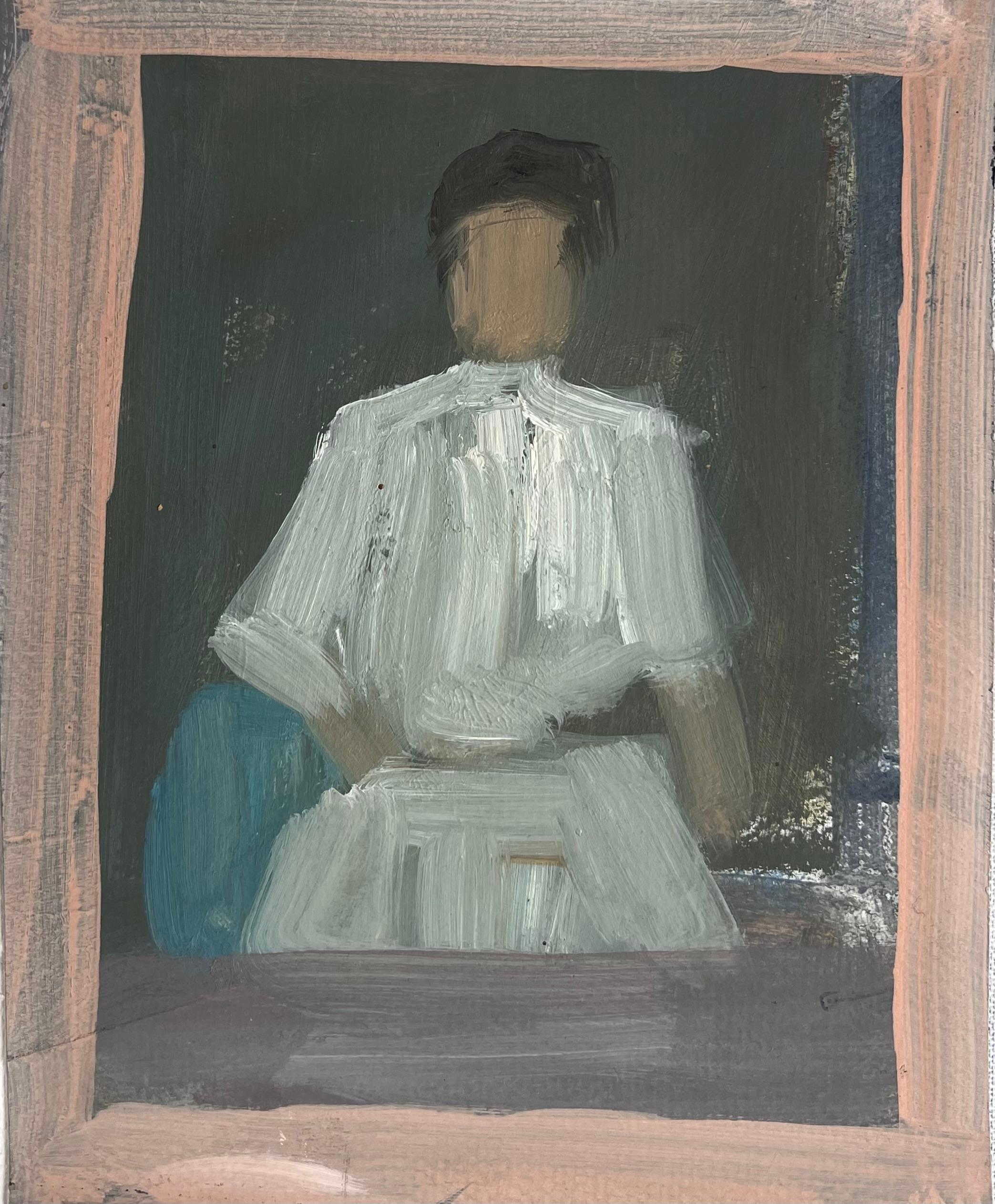 Portrait Painting Robert Ladou - Dame en robe blanche dans le cadre d'une fenêtre Oeuvre d'art originale française