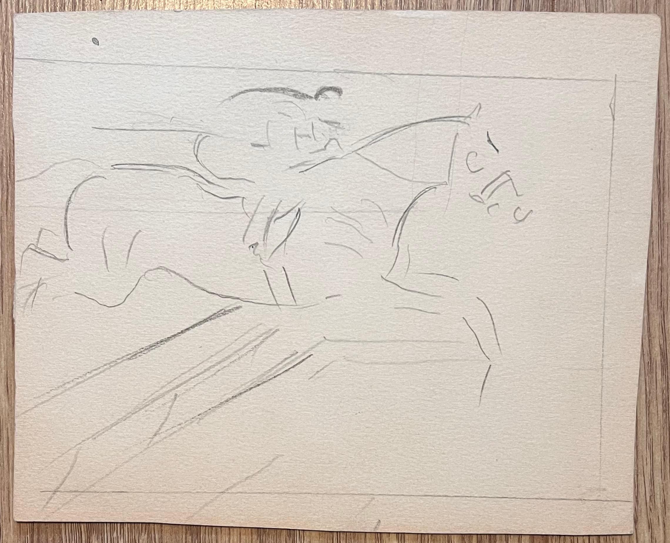Schizzo minimalista di un cavallo e di un cavaliere che superano un salto - Painting di Robert Ladou