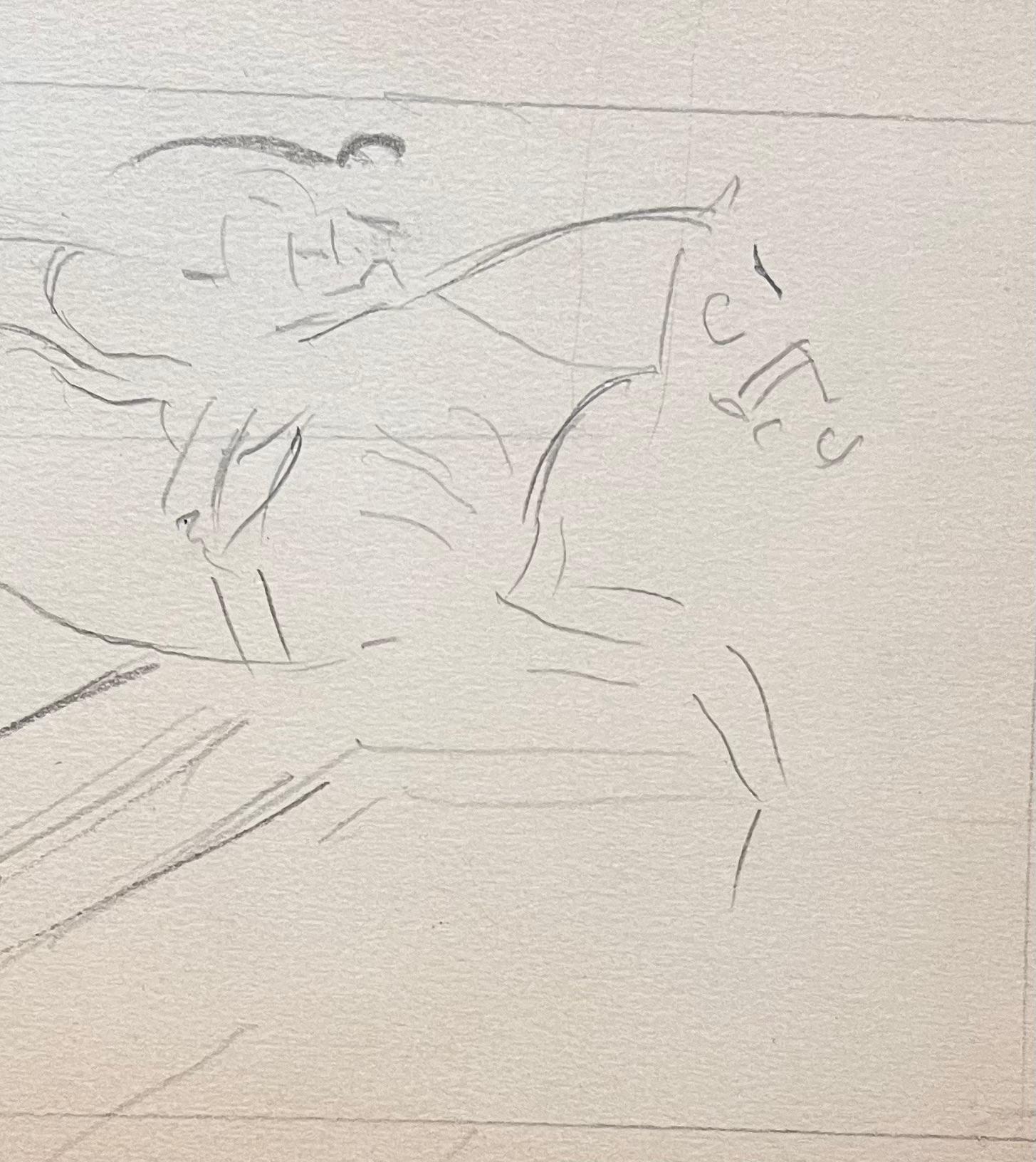 Schizzo minimalista di un cavallo e di un cavaliere che superano un salto - Animal Painting Beige di Robert Ladou