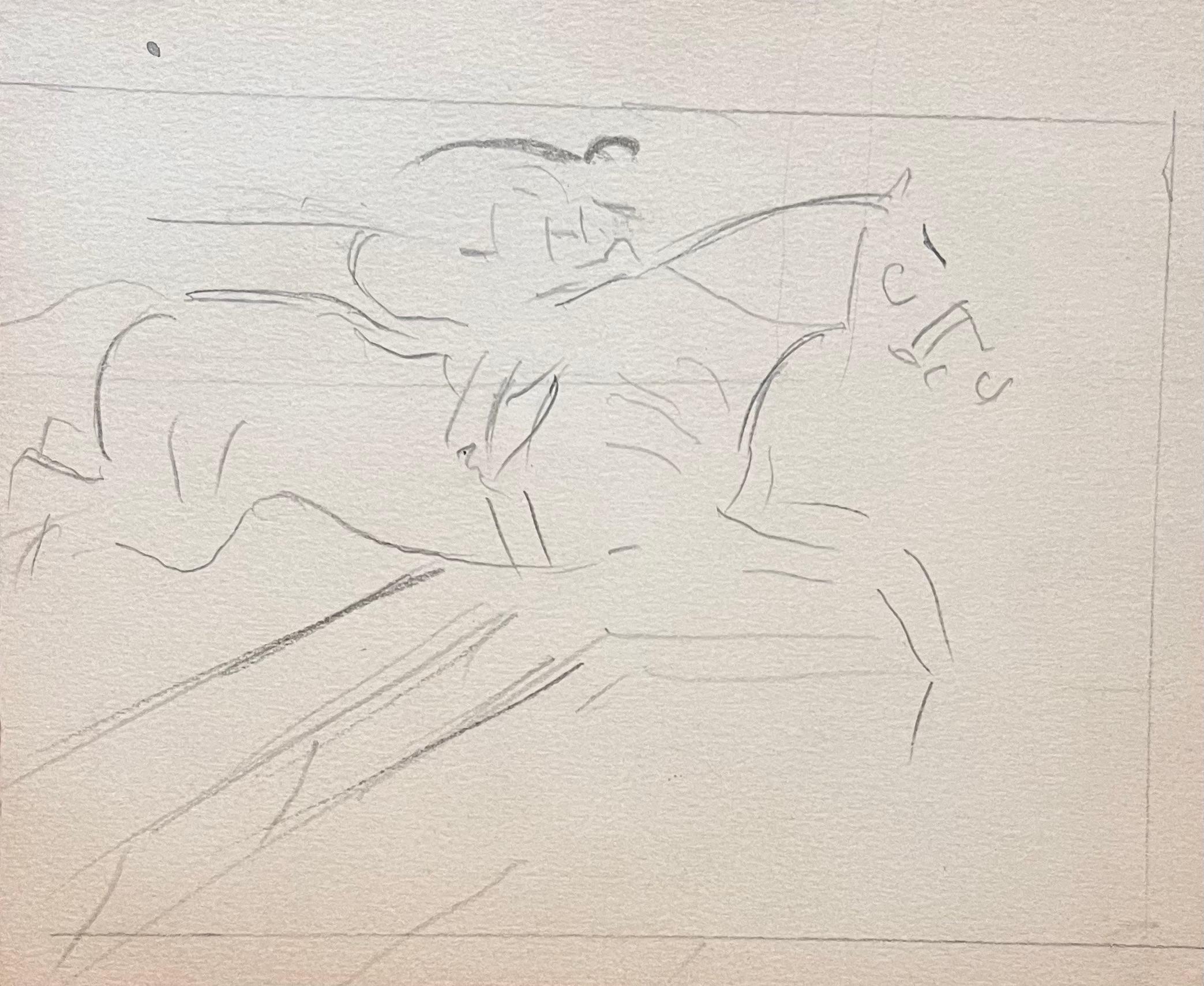 Boceto minimalista de un caballo y un jinete superando un salto