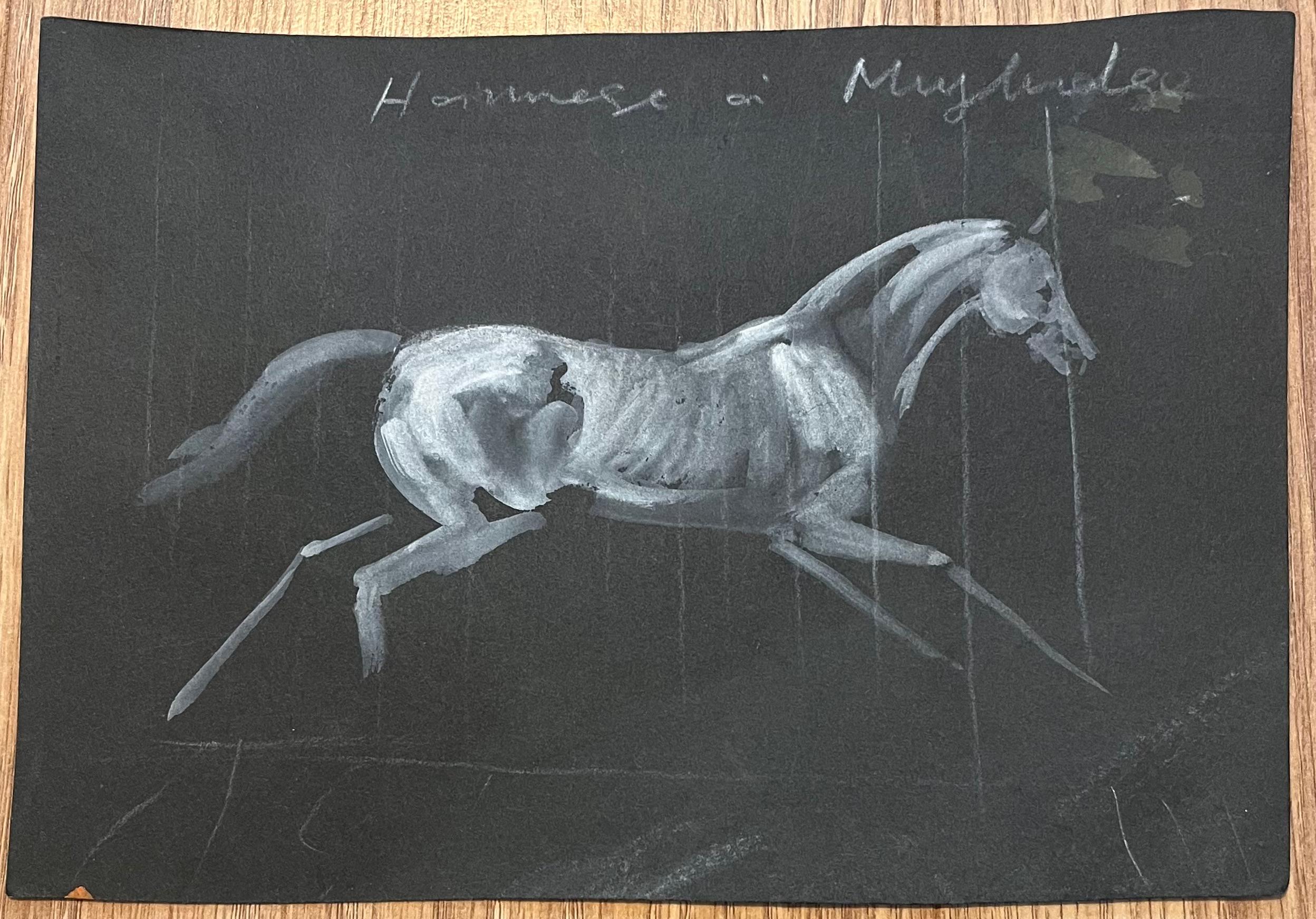 Monochrome Watercolour Study of the Anatomy of a Horse on Black Paper - Art by Robert Ladou