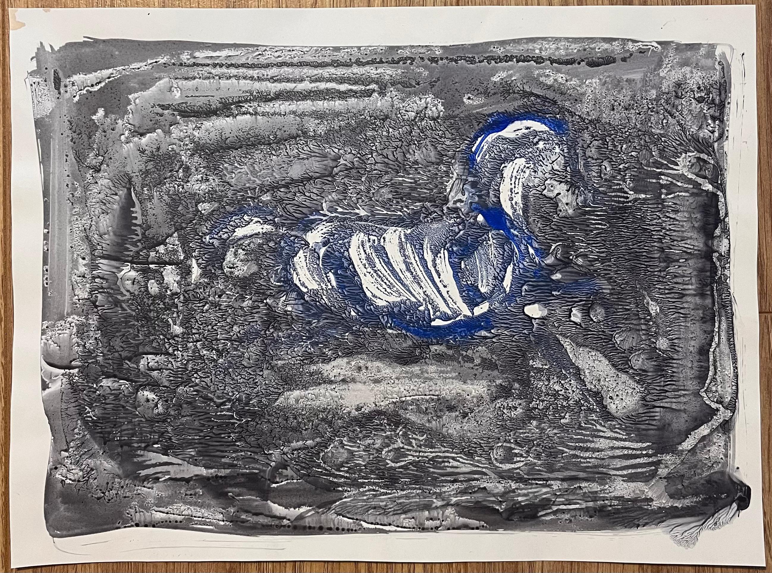 Original French Abstract Horse Composition in Black and Blue - Painting by Robert Ladou