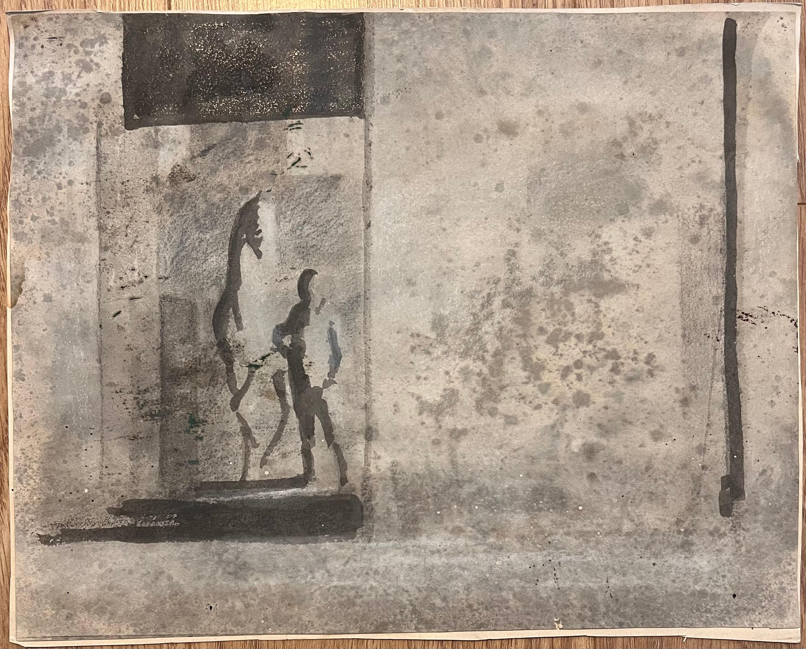 Studio astratto originale francese di un cavallo e una figura in una stalla - Art di Robert Ladou