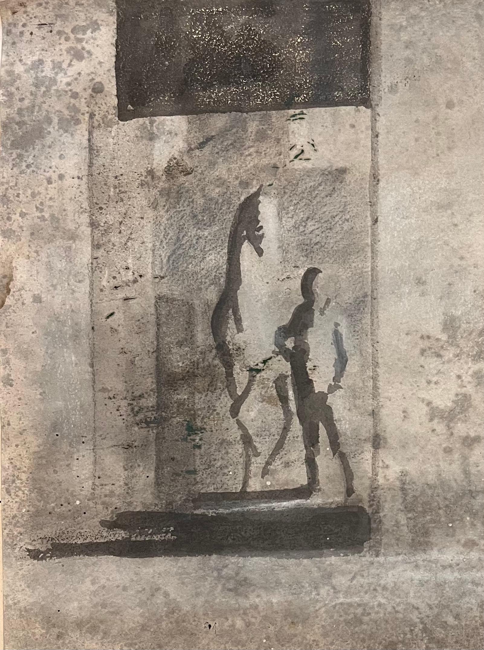 Studio astratto originale francese di un cavallo e una figura in una stalla - Art Accademia di Robert Ladou