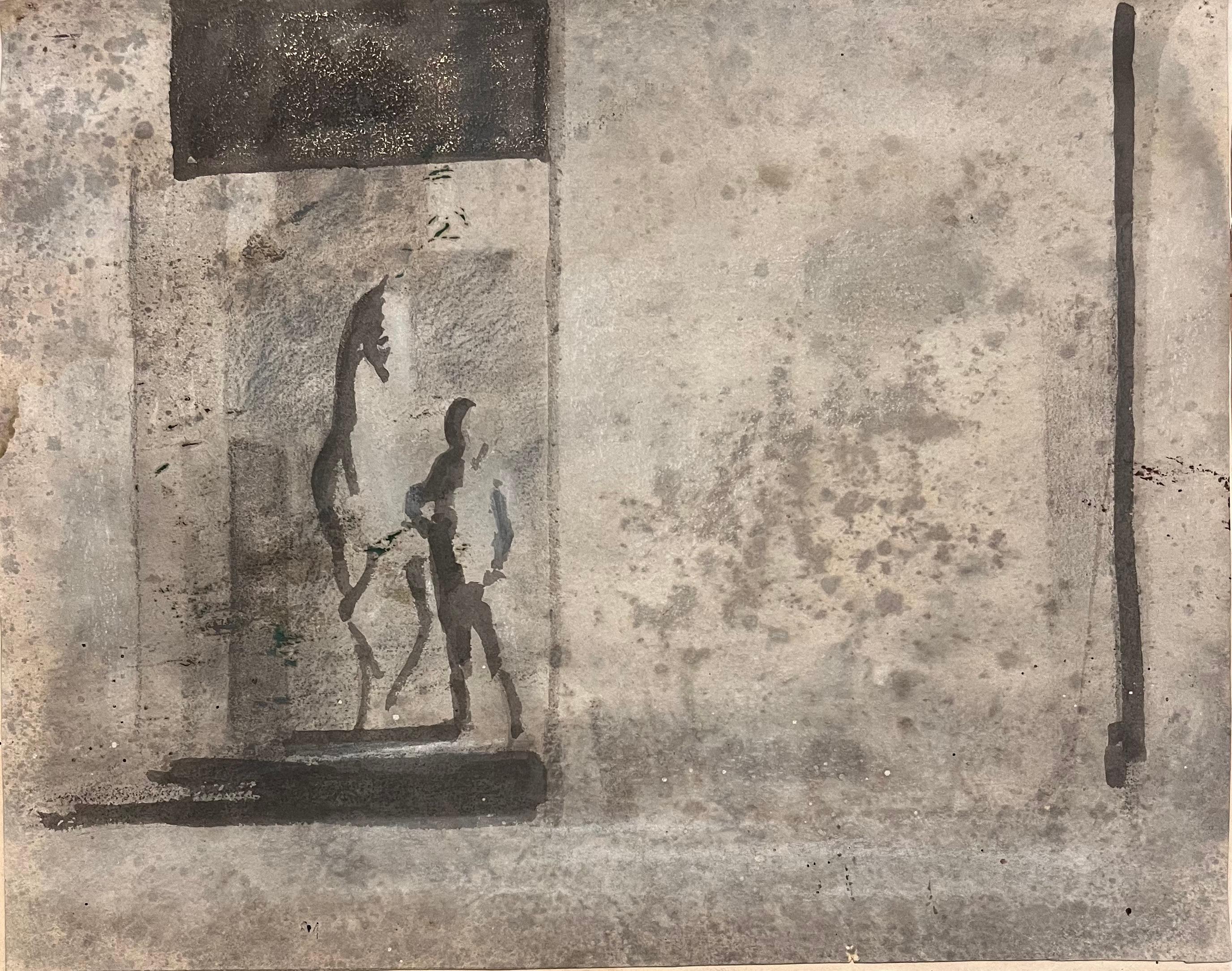 Original French Abstract Study of a Horse and Figure in a Stable