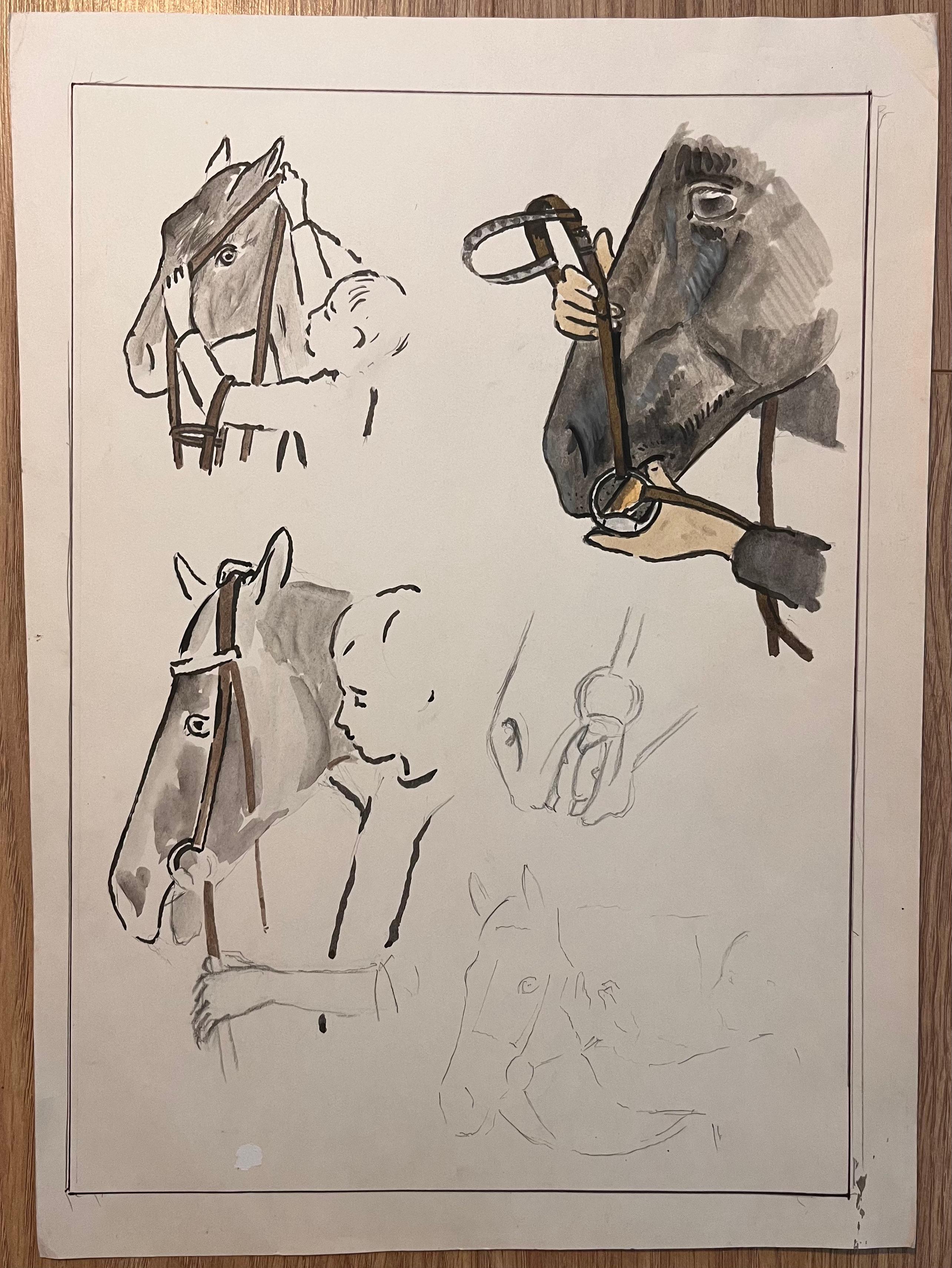 Original French Anatomical Pencil Study of a Horse Being Fitted with a Bridle - Art by Robert Ladou