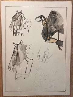 Estudio anatómico original francés a lápiz de un caballo al que se le coloca una brida