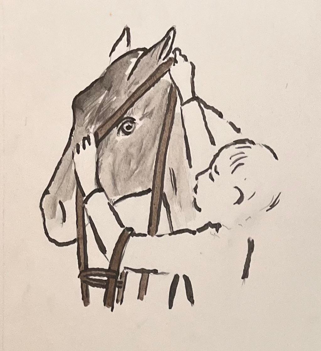 Original French Anatomical Pencil Study of a Horse Being Fitted with a Bridle - Academic Art by Robert Ladou
