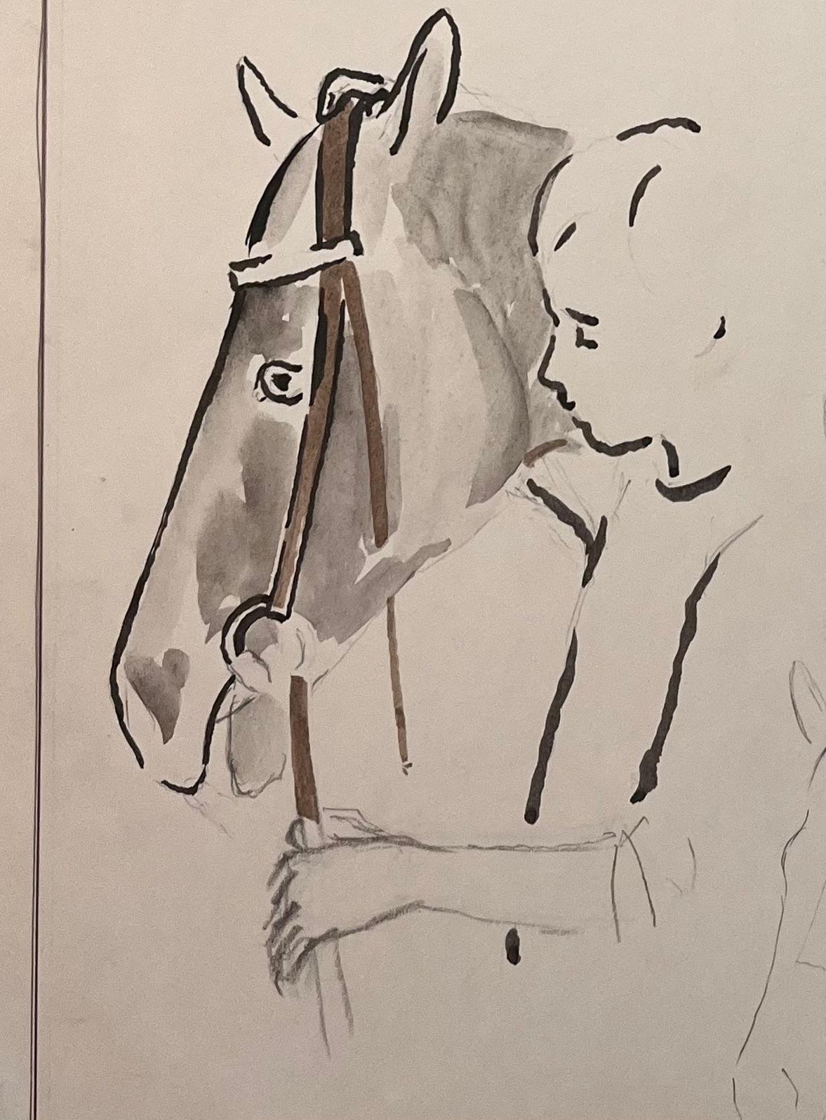 Title: Original French Anatomical Pencil Study of a Horse Being Fitted with a Bridle
Artist: Robert Ladou (French, 1929-2014)
Medium: Pencil and Watercolor on Paper
Size: 18.75 (Height) x 13.25 (Width)
Signed: No
Condition: Good, with some minor