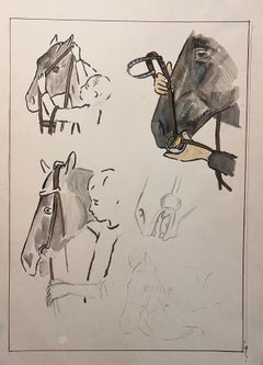 Original französische Anatomische Bleistiftstudie eines Pferdes, das mit einer Schöpfkelle ausgestattet ist