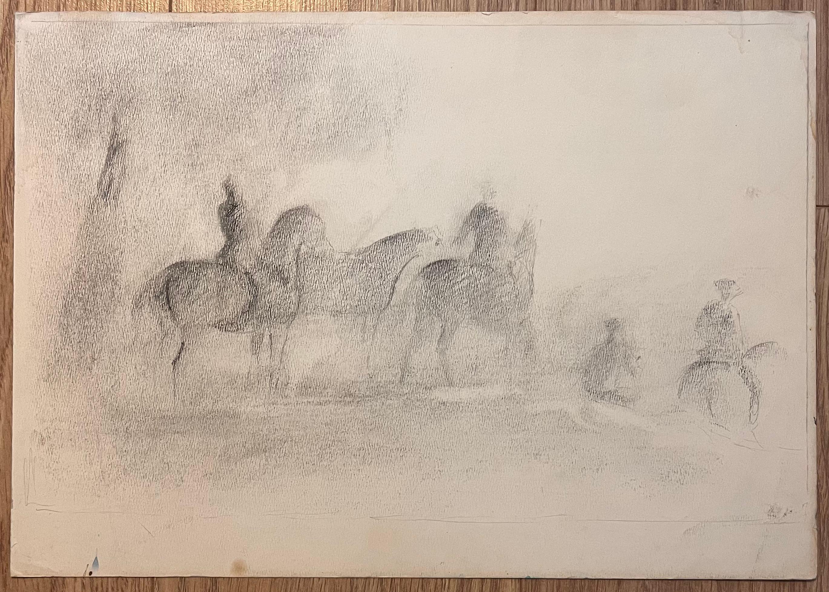 Original French Pencil Study of Riders and Horses in Misty Landscape - Painting by Robert Ladou