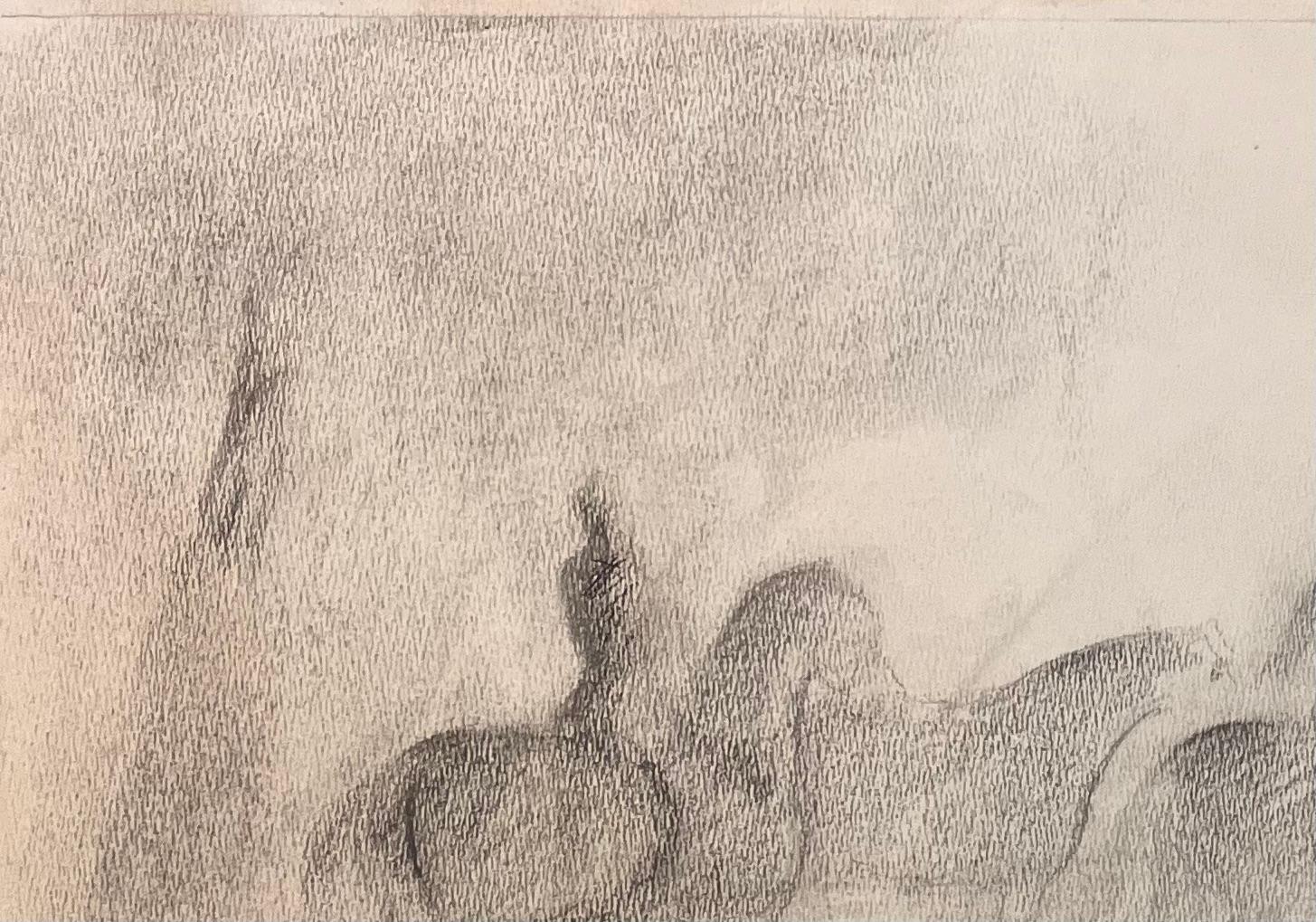Original French Pencil Study of Riders and Horses in Misty Landscape - Academic Painting by Robert Ladou