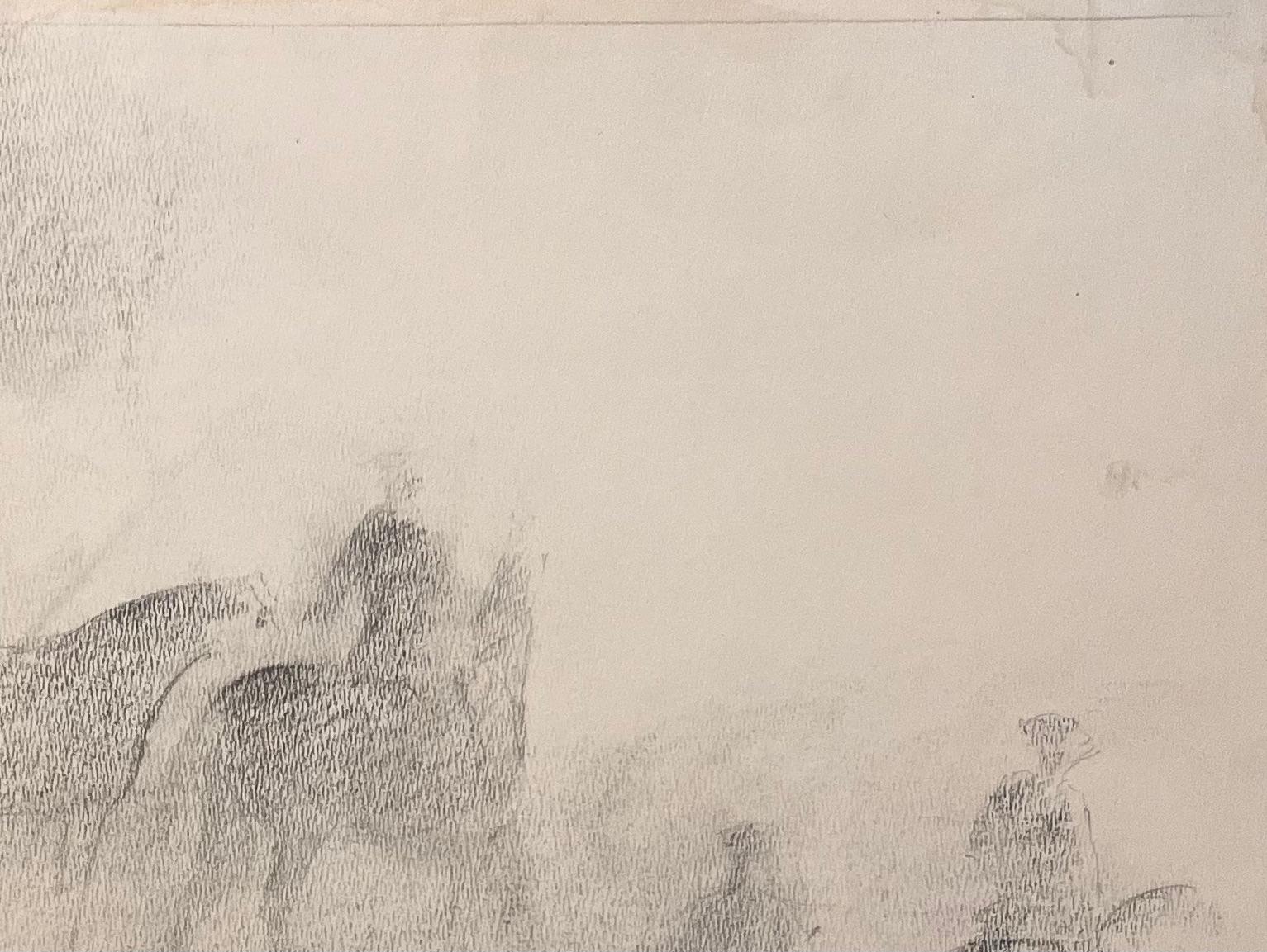 Original French Pencil Study of Riders and Horses in Misty Landscape - Beige Animal Painting by Robert Ladou