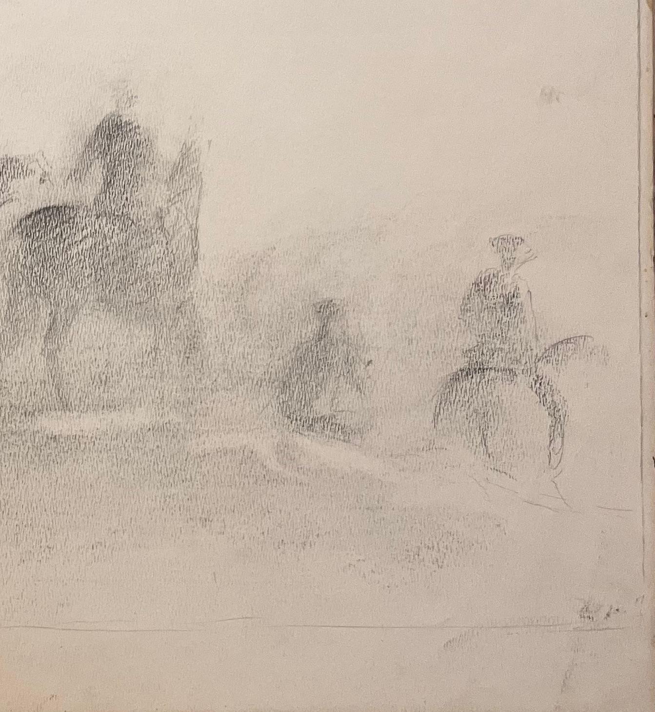Original French Pencil Study of Riders and Horses in Misty Landscape For Sale 1