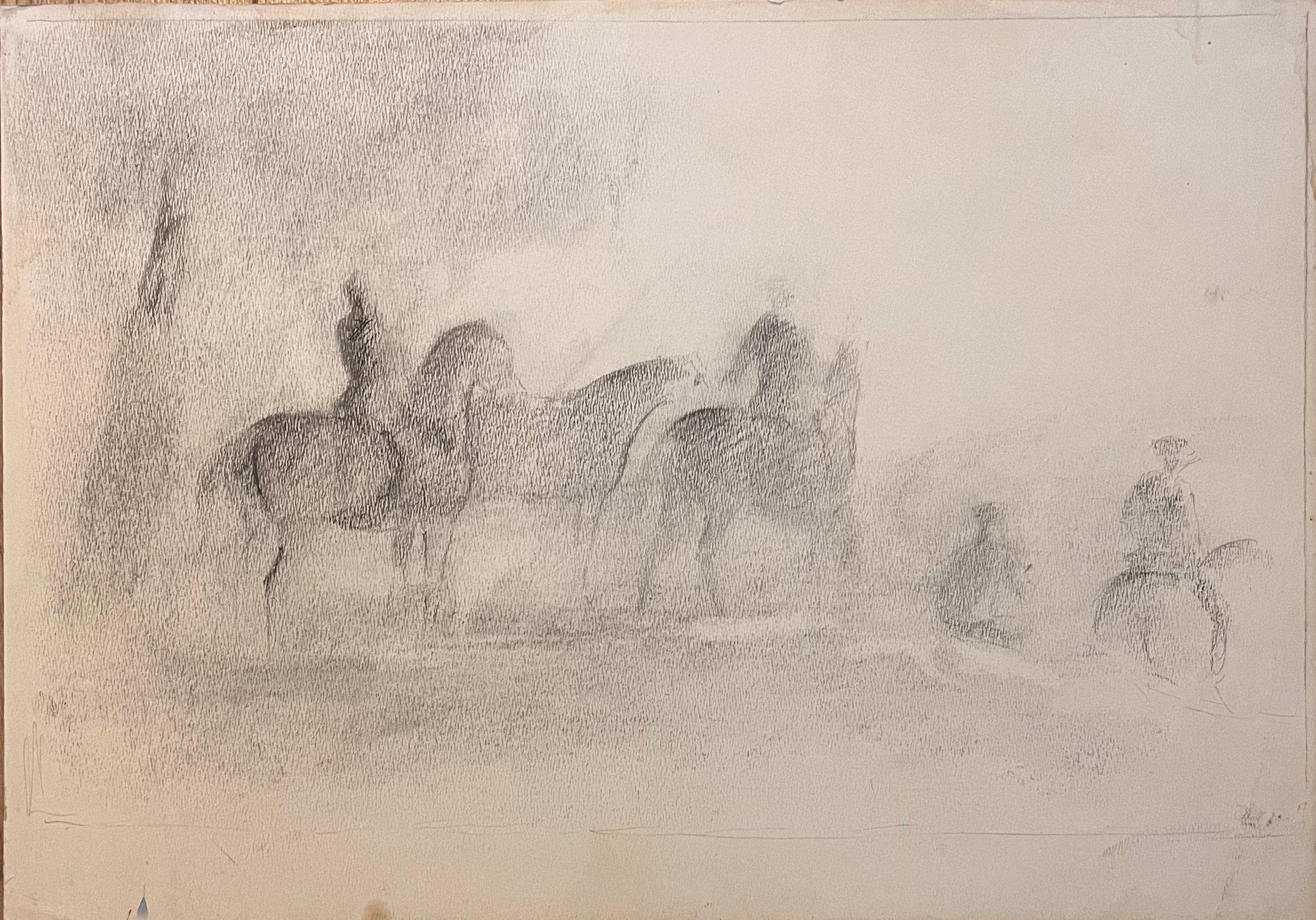 Robert Ladou Animal Painting - Original French Pencil Study of Riders and Horses in Misty Landscape
