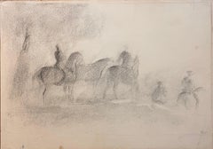 Estudio original a lápiz francés de jinetes y caballos en un paisaje brumoso