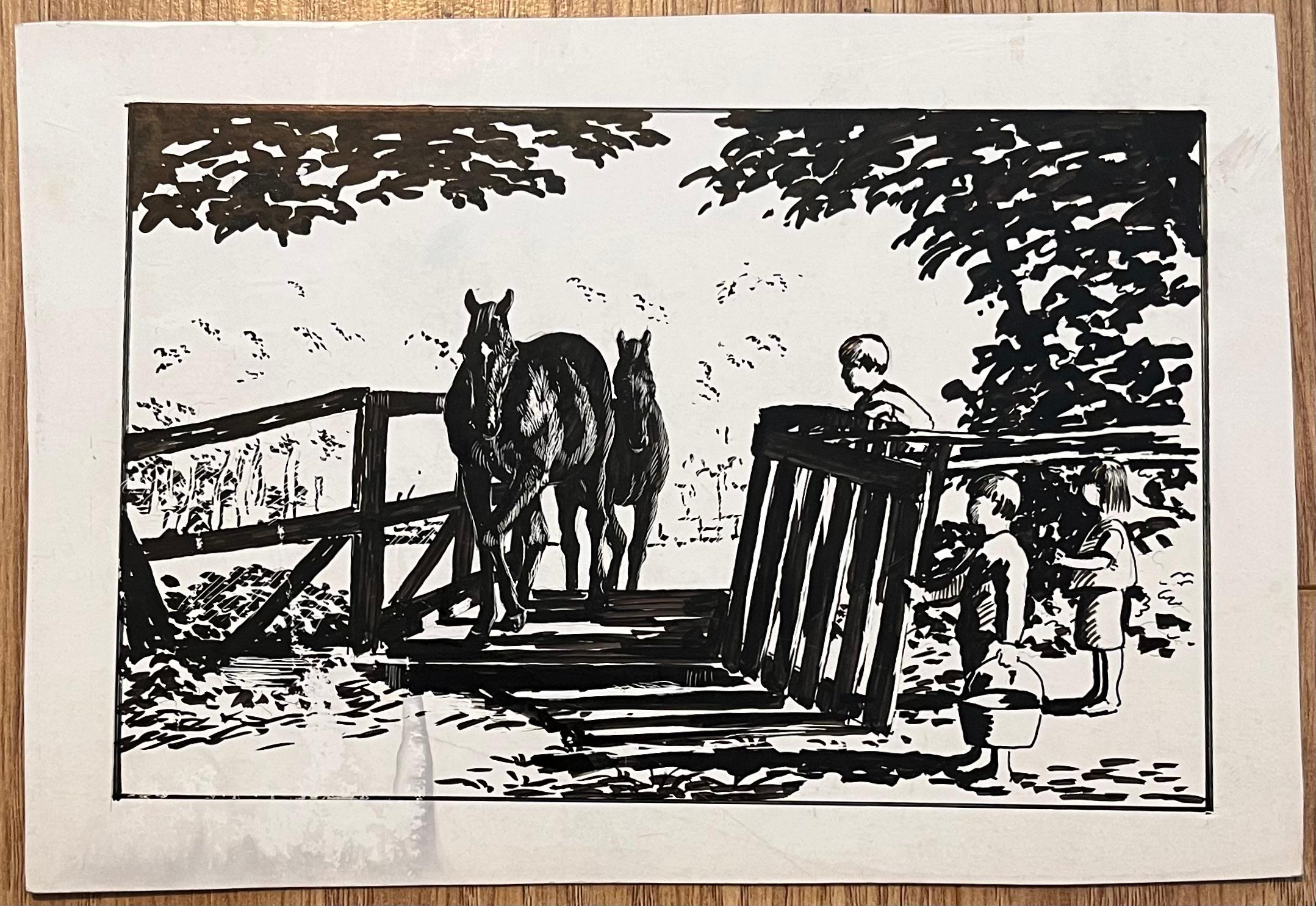 Original French Study of Children Watching Horses Cross a Bridge - Painting by Robert Ladou