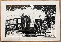 Original French Study of Children Watching Horses Cross a Bridge