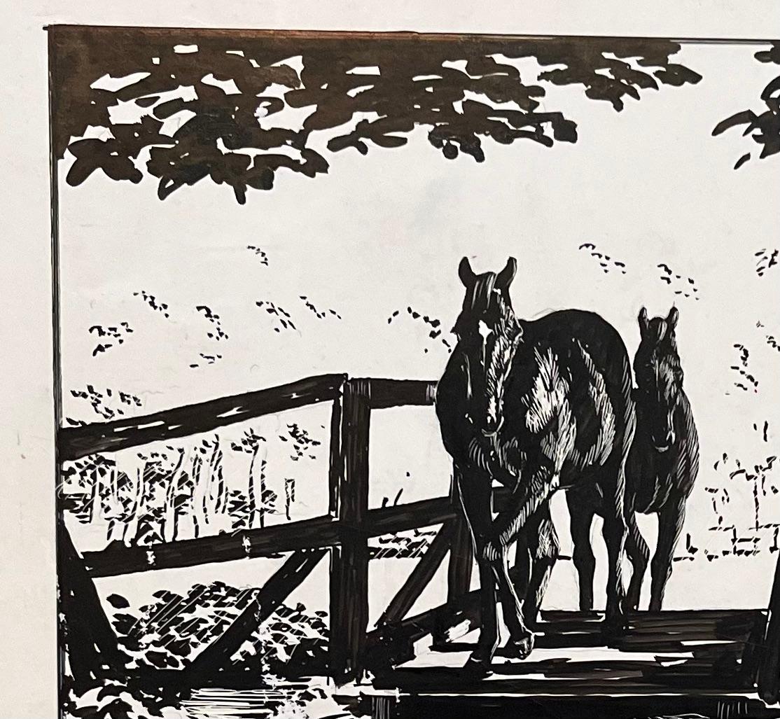 Original French Study of Children Watching Horses Cross a Bridge - Academic Painting by Robert Ladou