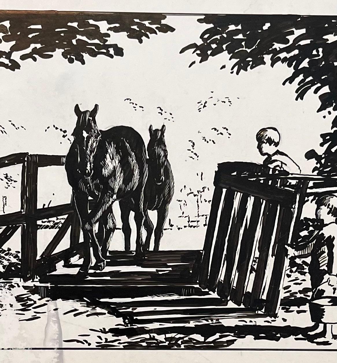 Title: Original French Study of Children Watching Horses Cross a Bridge

Artist: Robert Ladou (French, 1929-2014)
Medium: Ink on card
Size: 6.5 (Height) x 14.75 (Width)
Signed: No
Condition: Good, minor surface wear

Description:
This charming piece