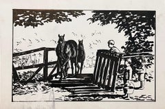 Original French Study of Children Watching Horses Cross a Bridge