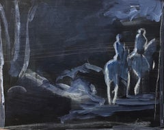 Original French Study of Riders and Horses in Moonlit Landscape
