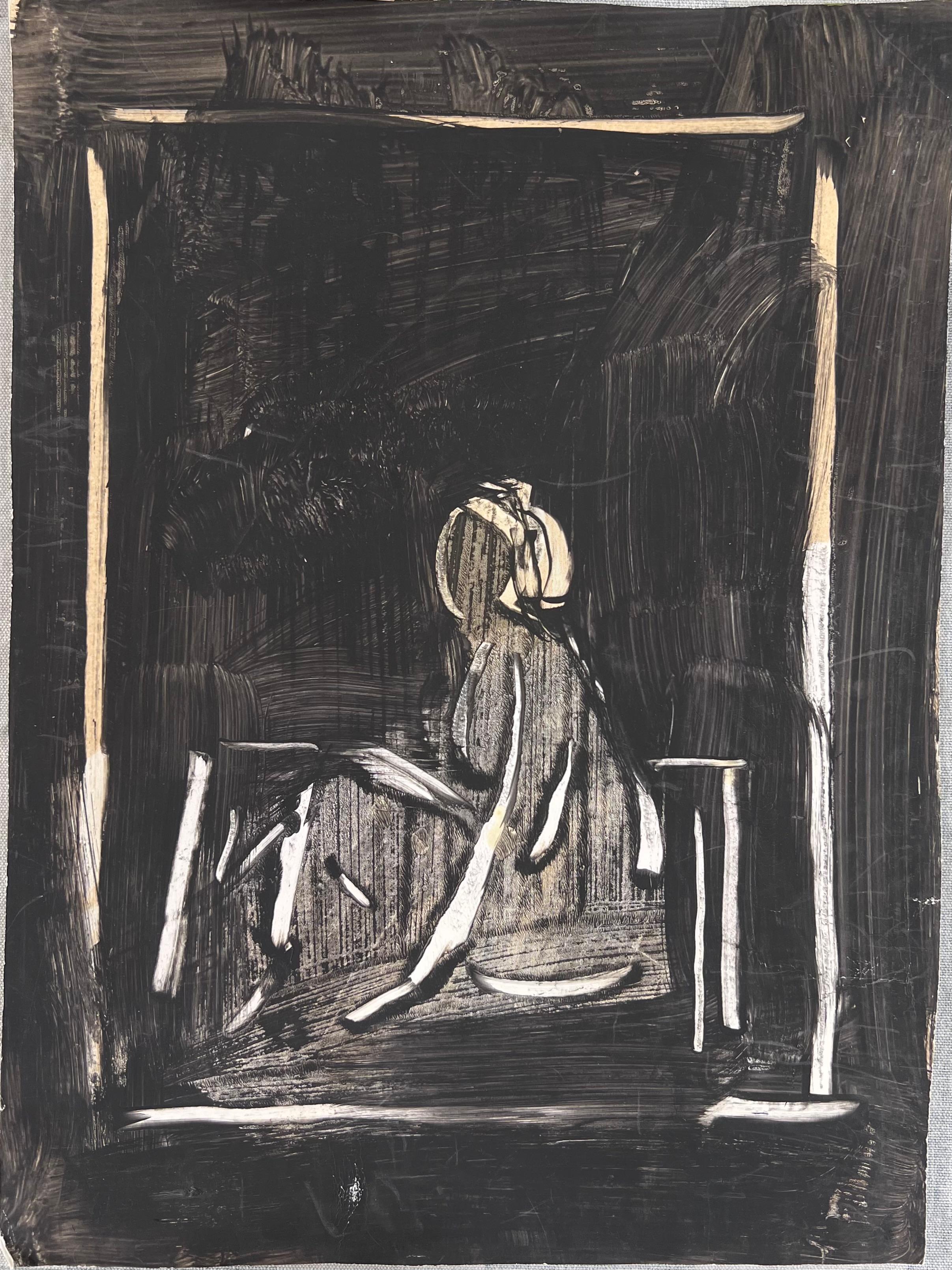 Outline of a Figure In A Black Background Landscape Original French Artwork - Painting by Robert Ladou