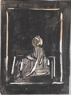 Outline of a Figure In A Black Background Landscape Original French Artwork