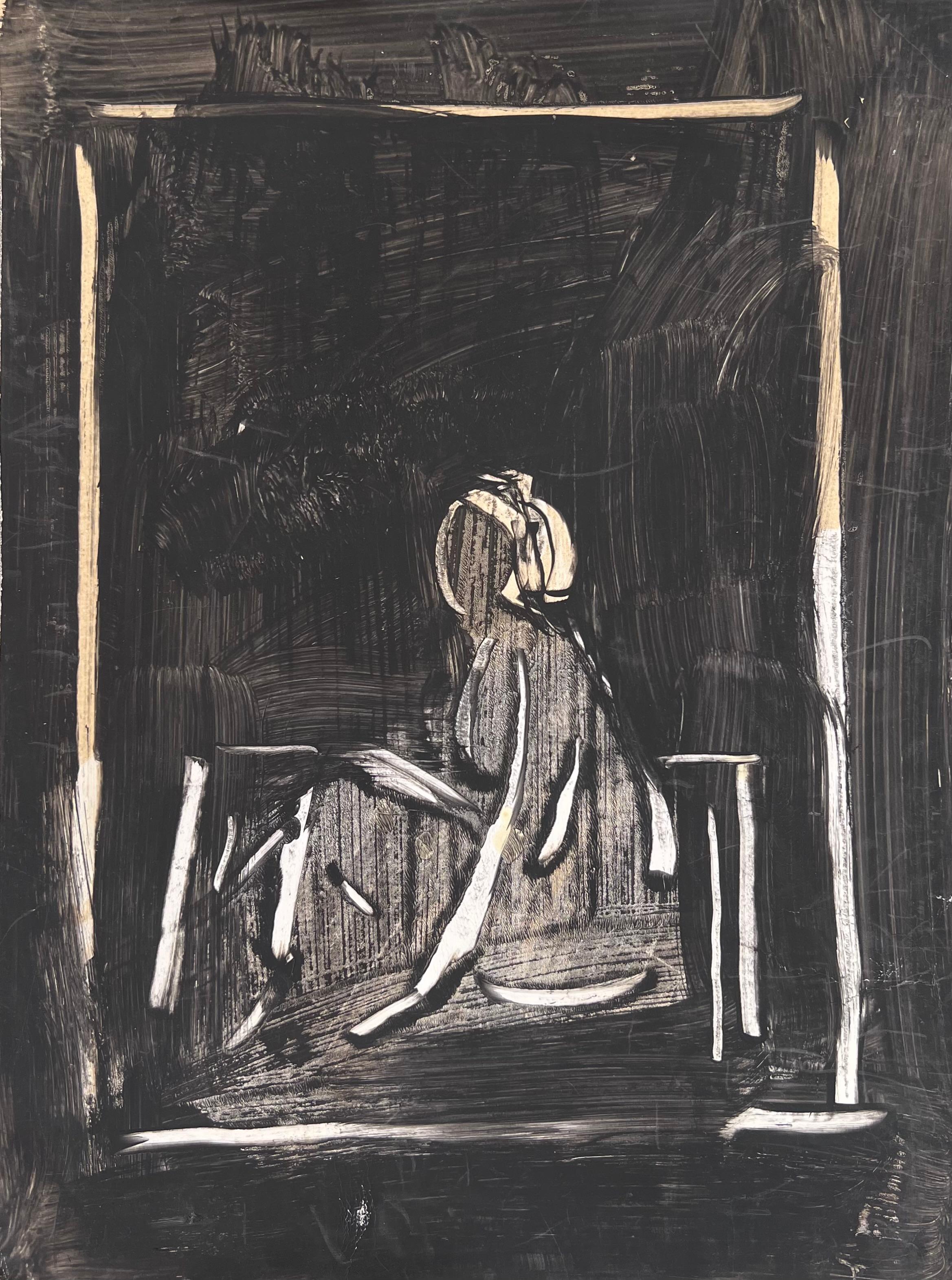 Robert Ladou Figurative Painting - Outline of a Figure In A Black Background Landscape Original French Artwork
