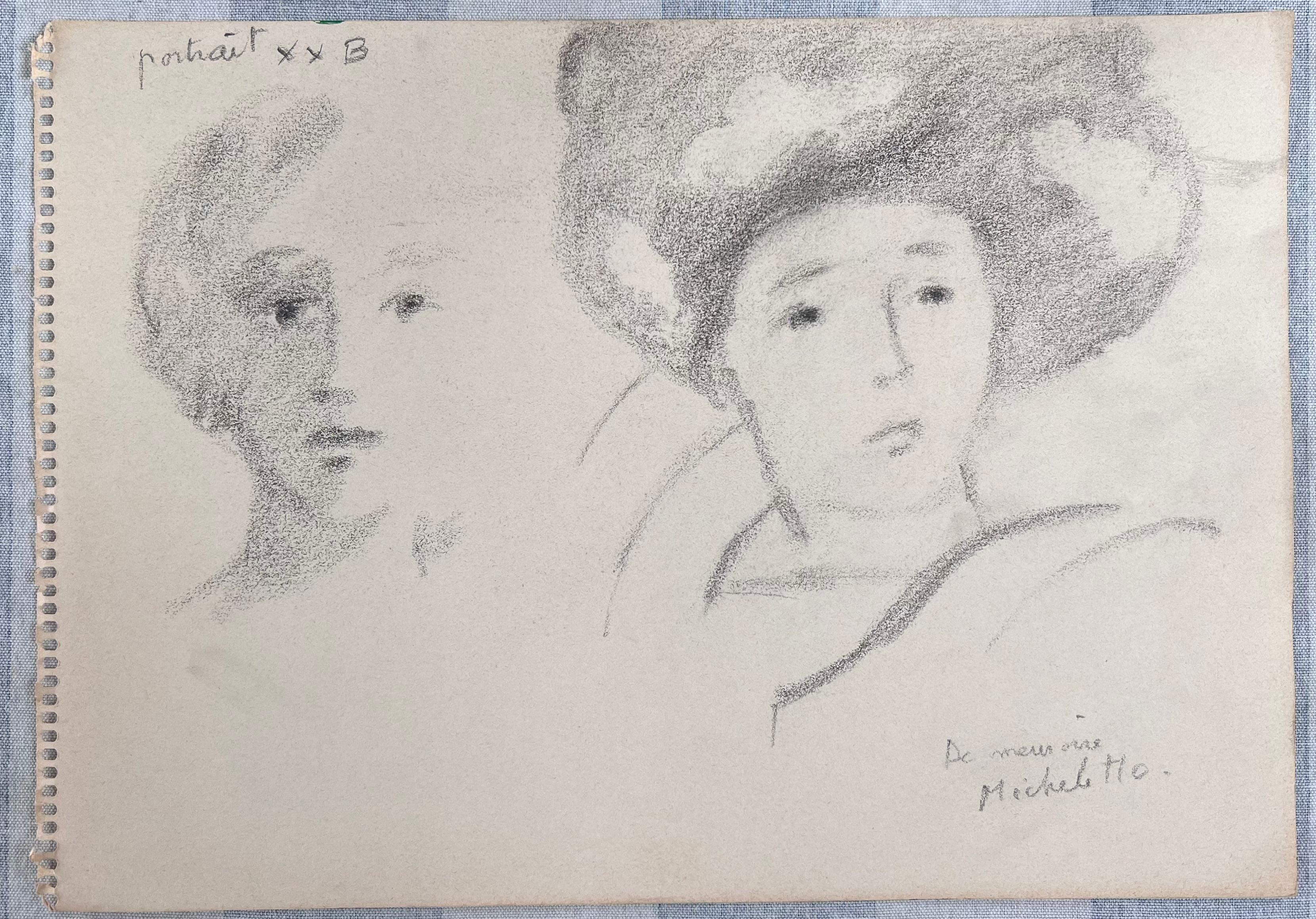 Portraits au crayon de figures à deux visages Esquisse originale française - Gris Portrait Painting par Robert Ladou