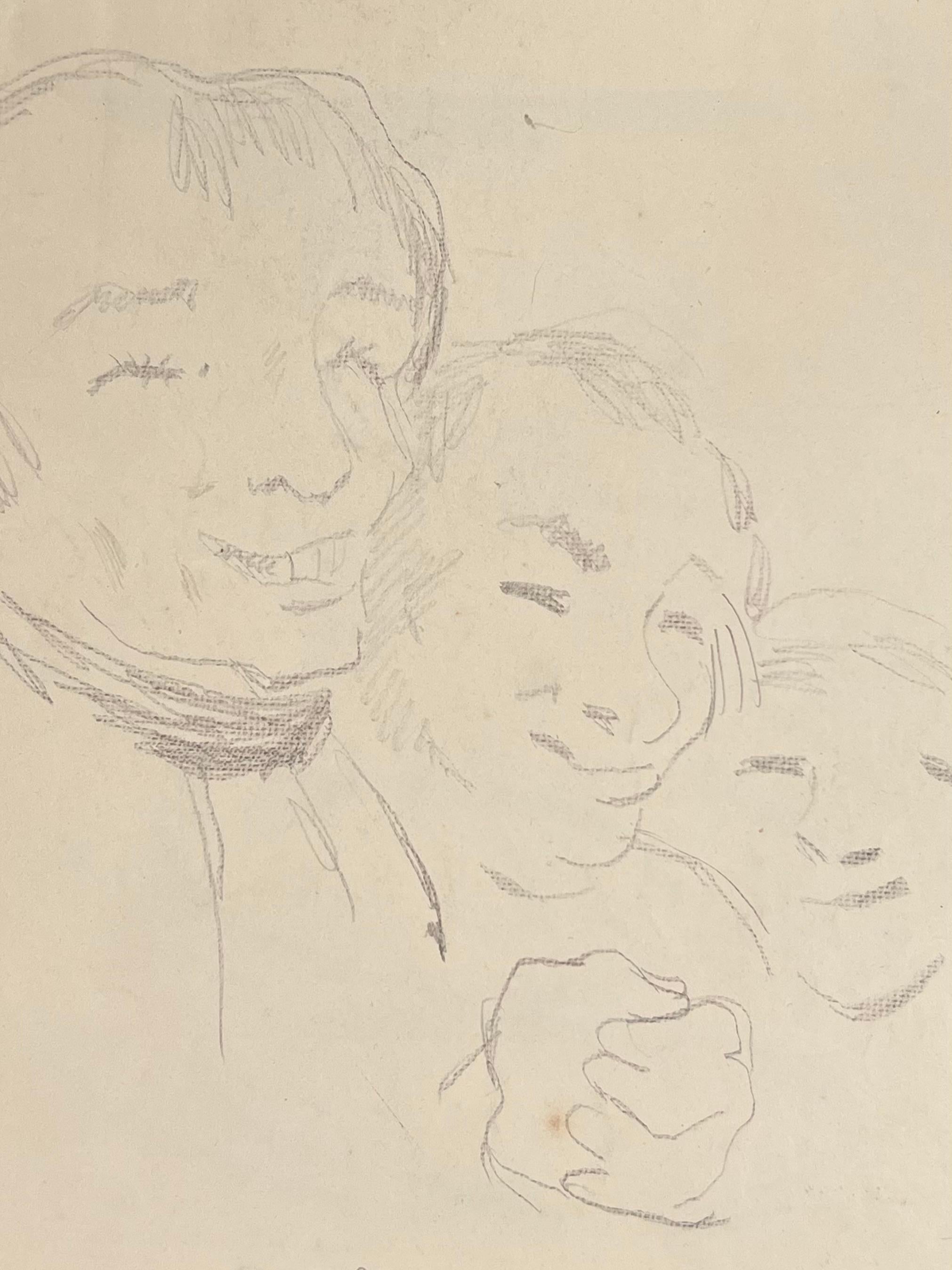 Esquisse au crayon de visages caricaturaux Oeuvre d'art originale française - Painting de Robert Ladou