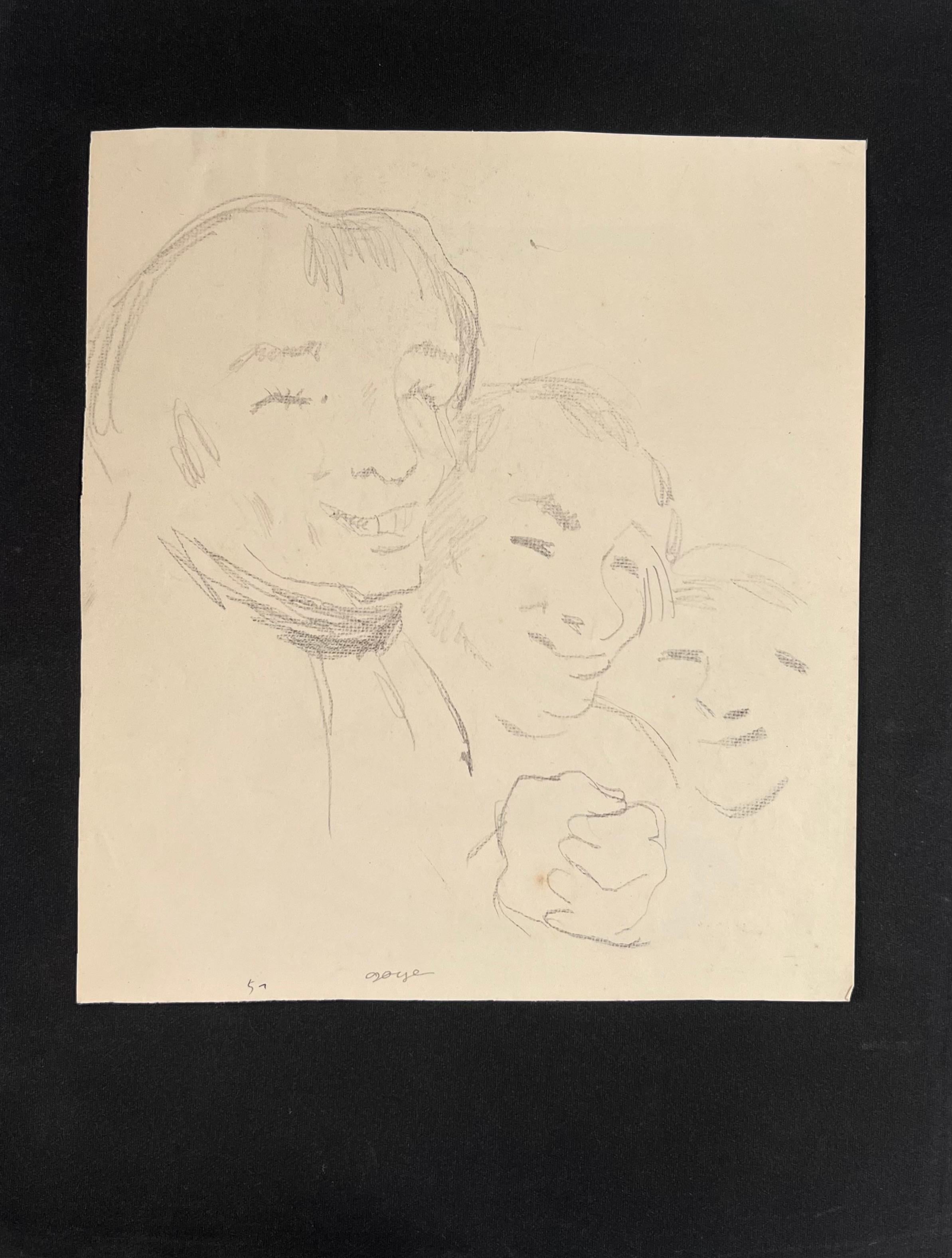 Esquisse au crayon de visages caricaturaux Oeuvre d'art originale française - Beige Figurative Painting par Robert Ladou