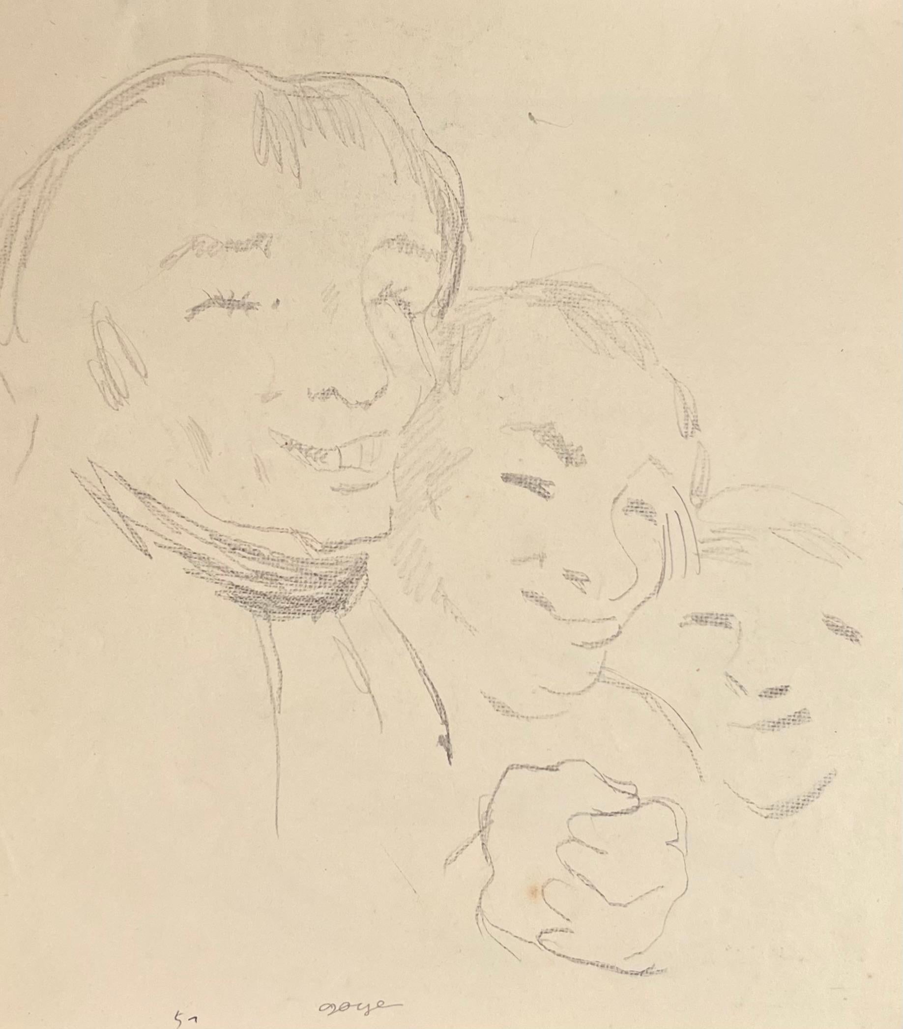 Figurative Painting Robert Ladou - Esquisse au crayon de visages caricaturaux Oeuvre d'art originale française