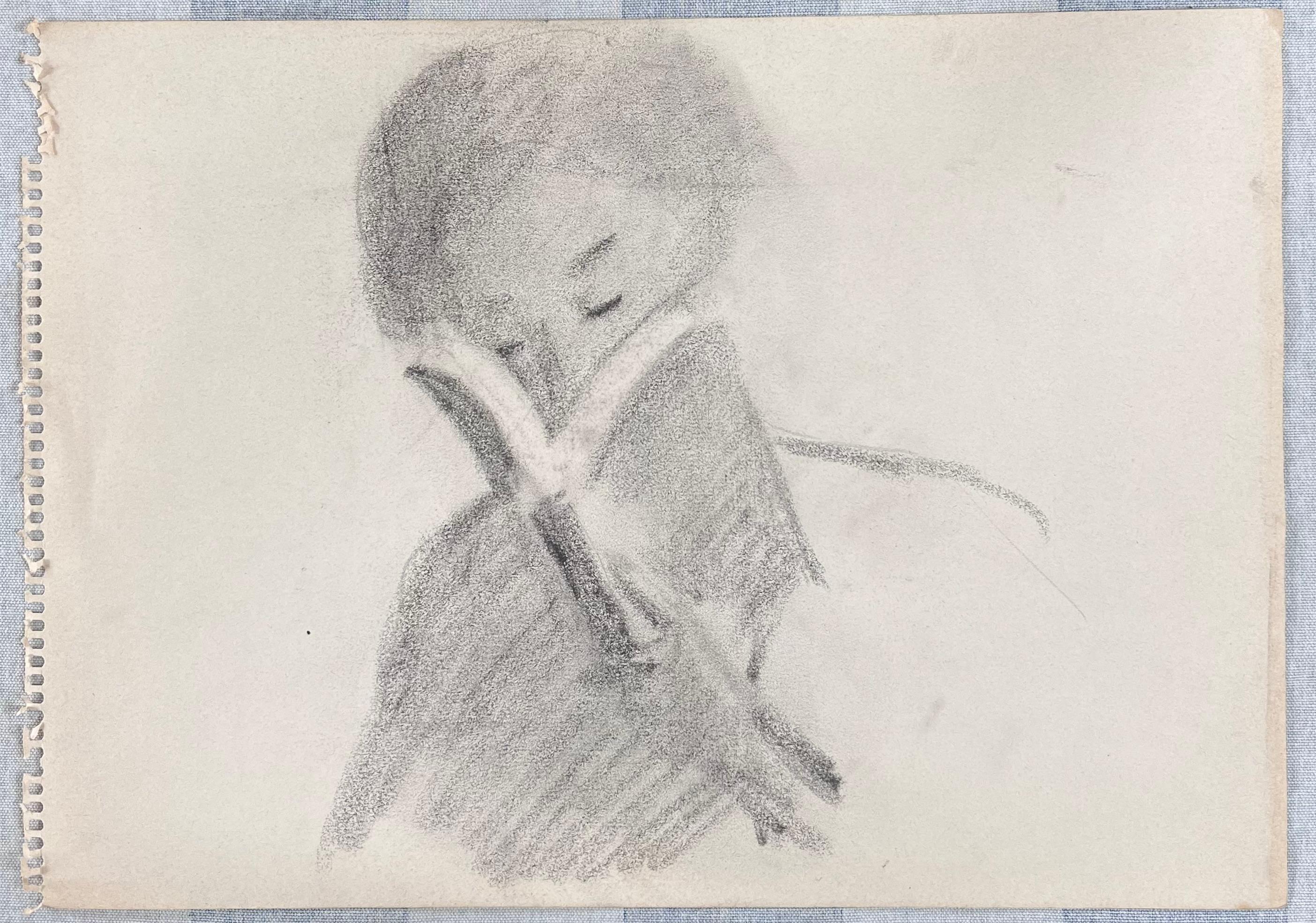 Pencil Sketch Portrait of a Lady in Deep Reading Original French Artwork - Painting by Robert Ladou