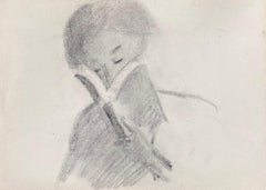 Pencil Sketch Portrait of a Lady in Deep Reading Original French Artwork