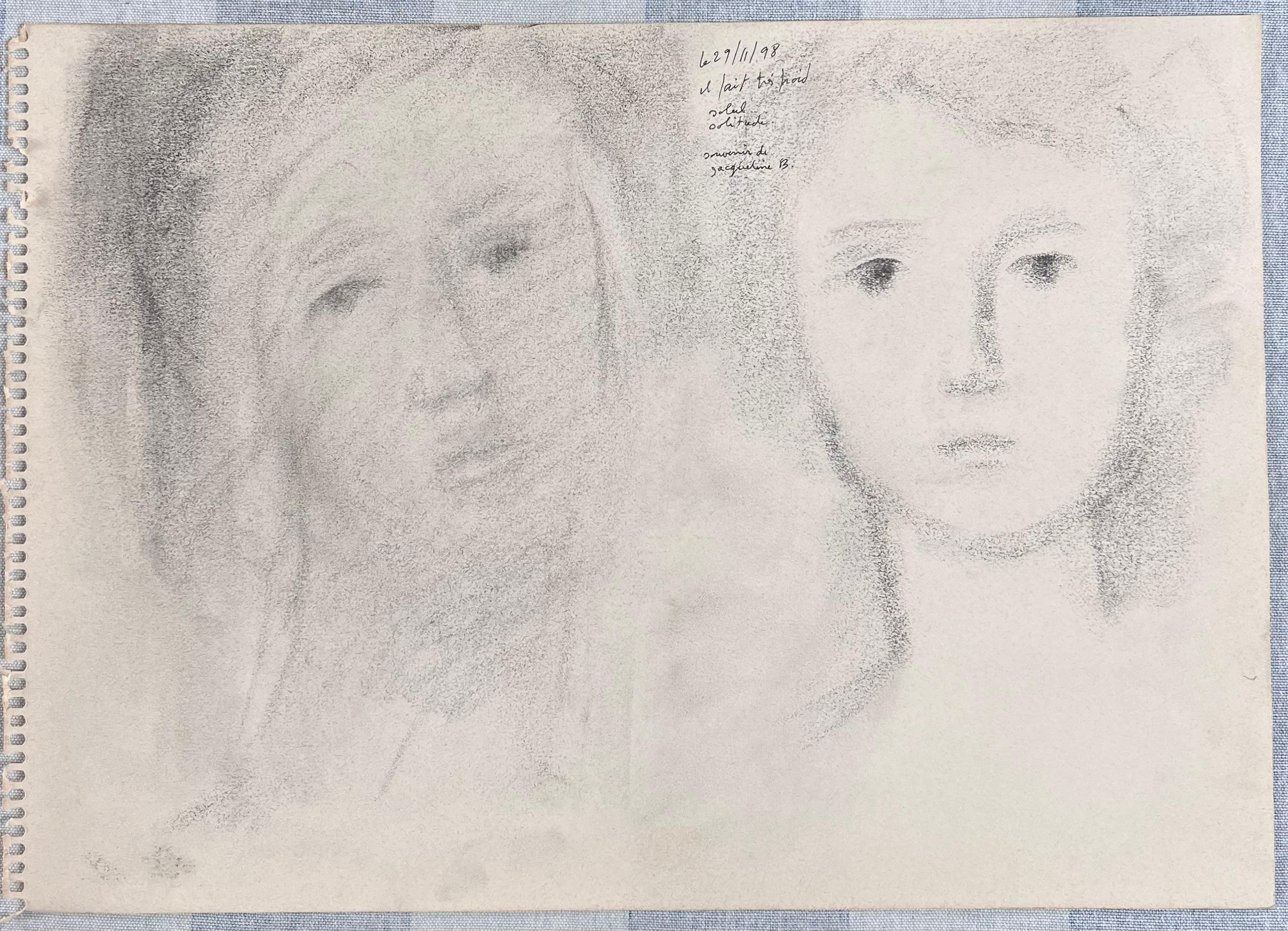 Esquisses au crayon de deux visages féminins délaissés Lady Original French Artwork - Painting de Robert Ladou