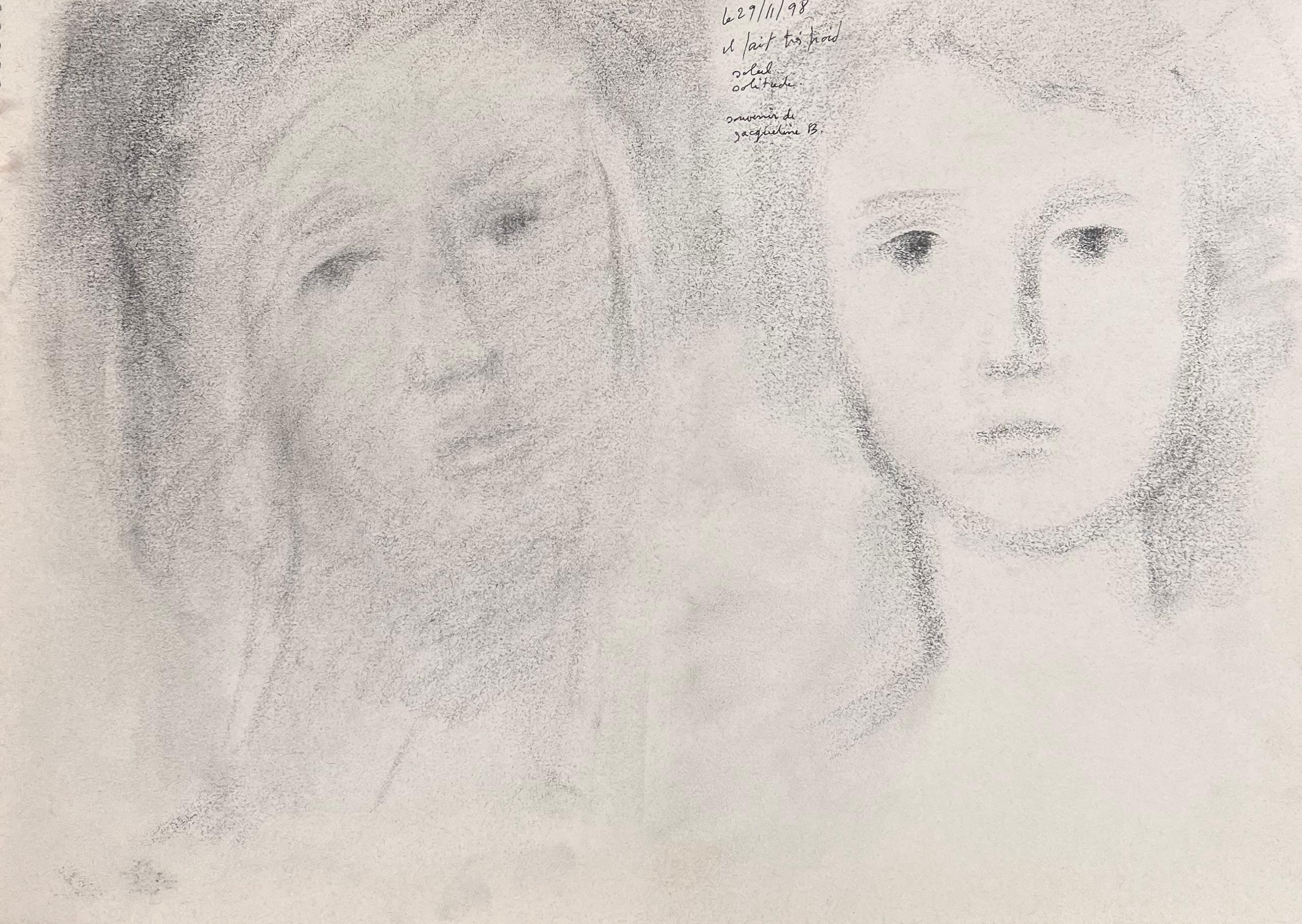 Esquisses au crayon de deux visages féminins délaissés Lady Original French Artwork