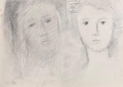 Esquisses au crayon de deux visages féminins délaissés Lady Original French Artwork