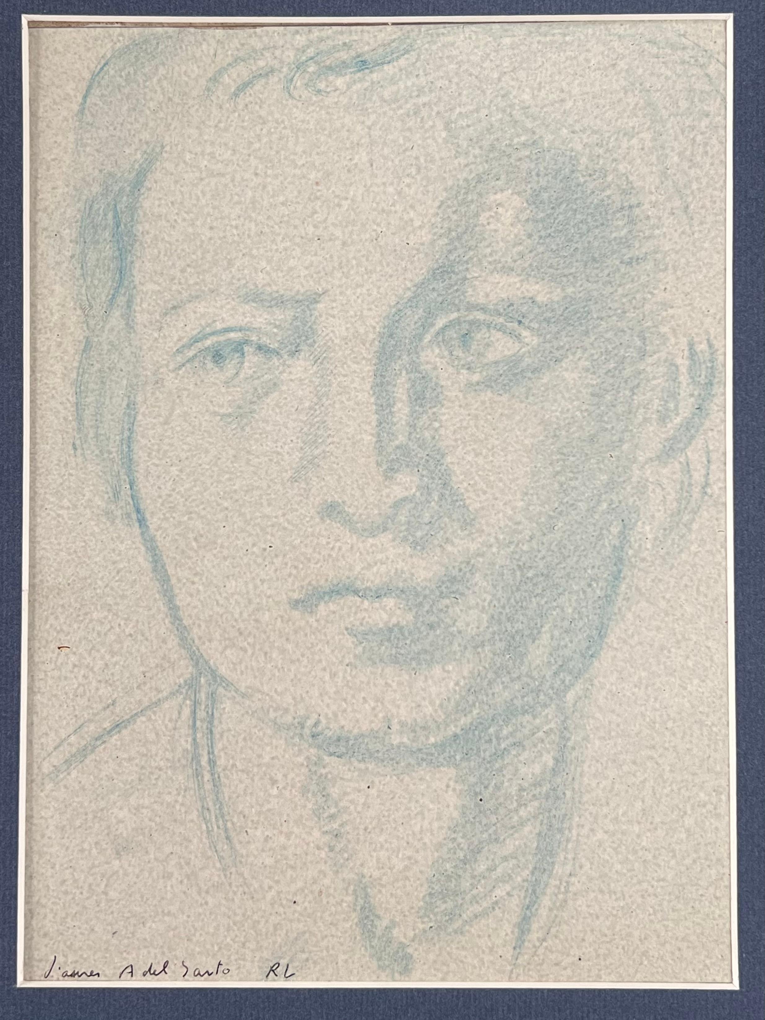 Portrait of a Man with Bold Features Blue Sketch Original French Artwork - Painting by Robert Ladou