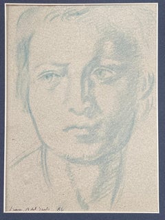 Portrait of a Man with Bold Features Blue Sketch Original French Artwork