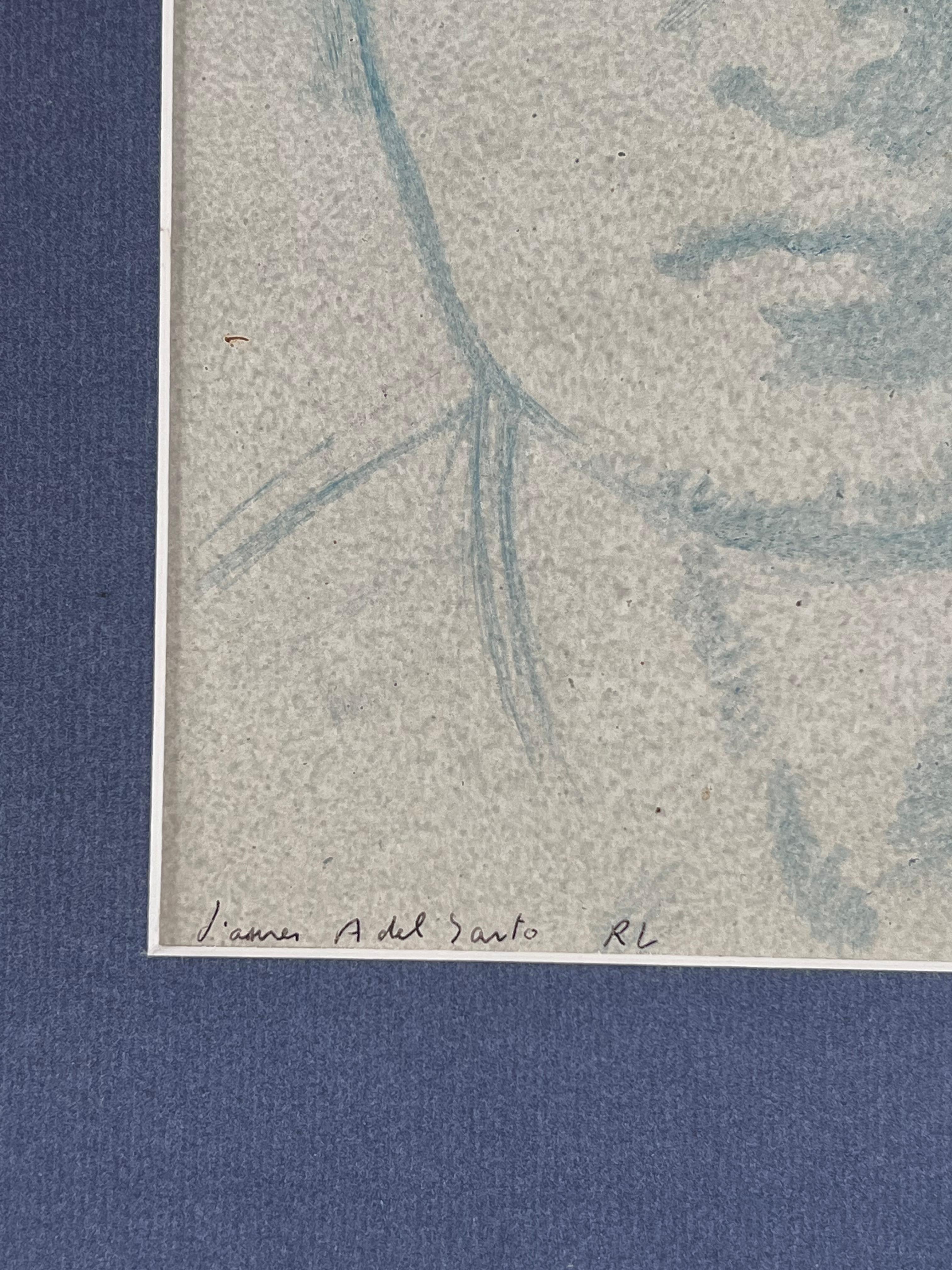 Portrait of a Man with Bold Features Blue Sketch Original French Artwork For Sale 1